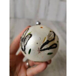Antique Austria Mercury glass glitter ball ornament white flower leaf Xmas tree